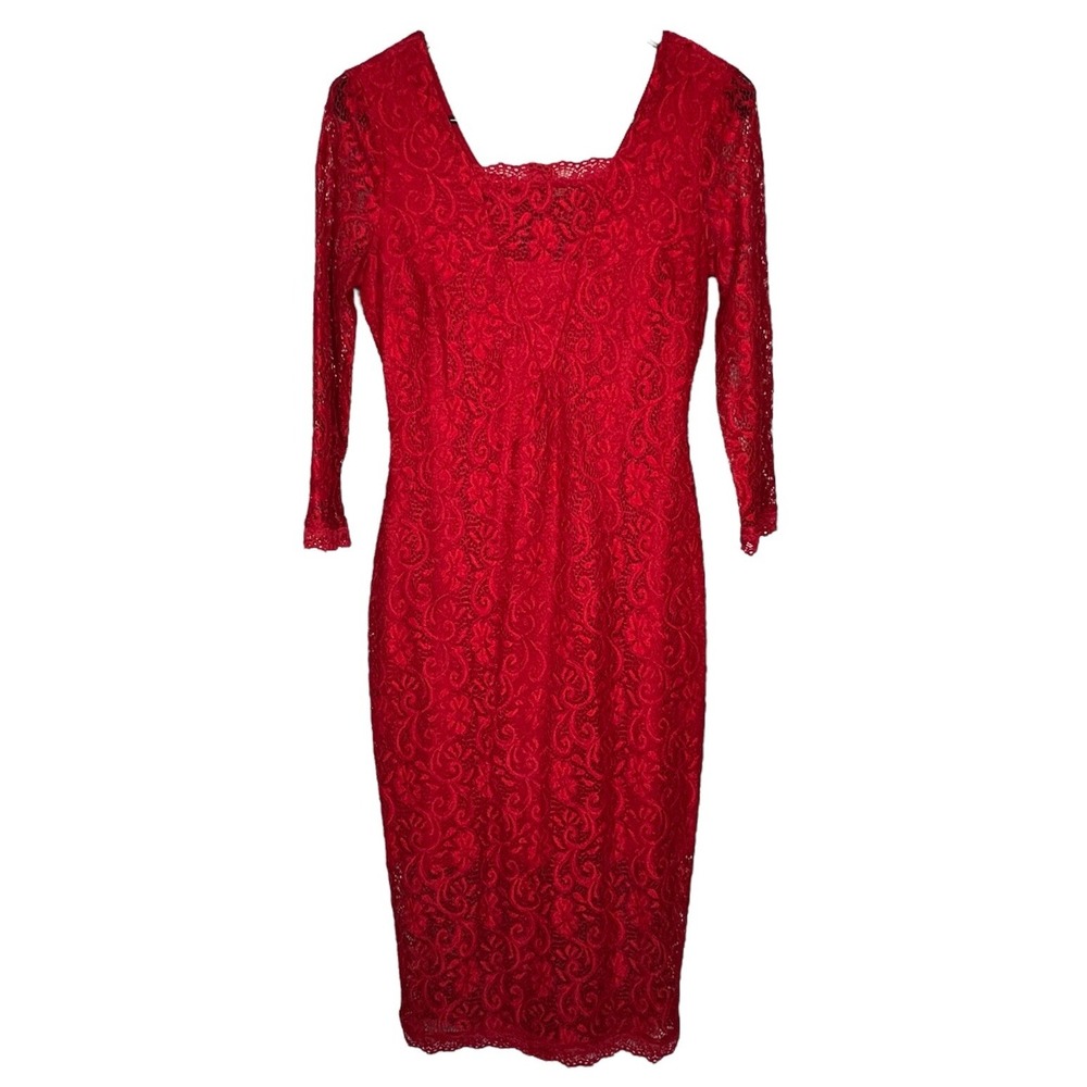 Candies Red Dress Womens S Lace Bodycon Sheath Stretch Knee Length 3/4 Sleeves